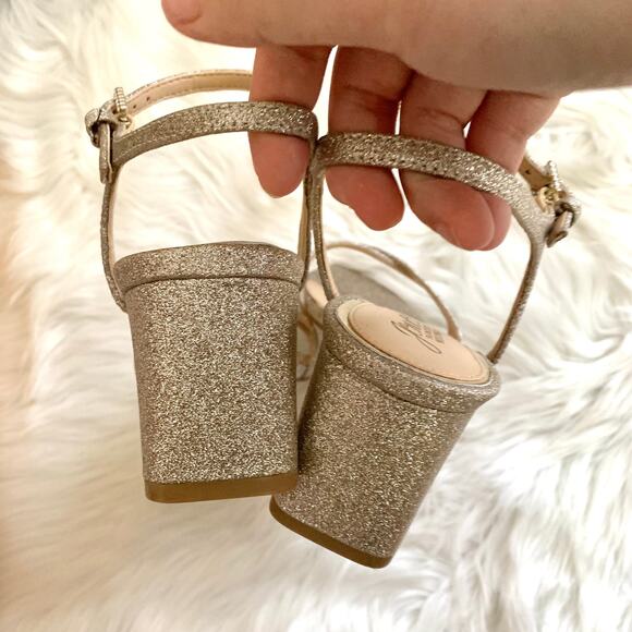 Badgley Mischka Omari Ankle Strap Criss Cross Heels in Glitter Gold - Picture 6 of 8